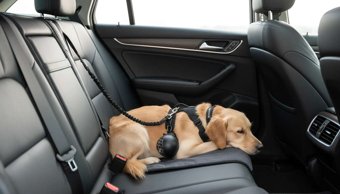 Owleys Dog Walk Set — Harness, Collar, Leash & Bottle | Black arranged inside a clean car interior