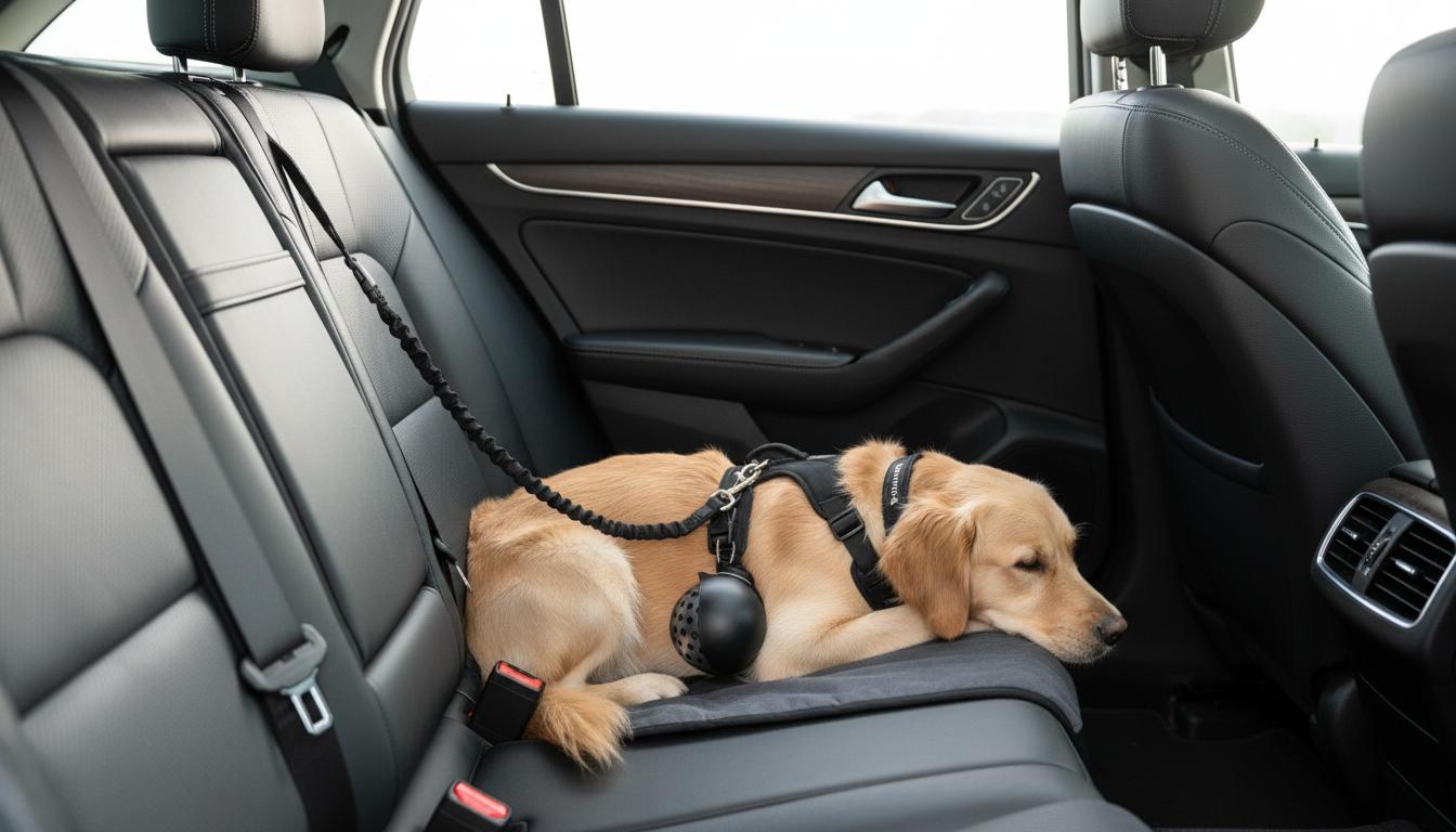 Owleys Dog Walk Set — Harness, Collar, Leash & Bottle | Black arranged inside a clean car interior