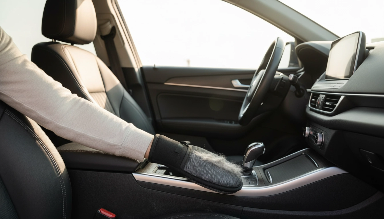 Electrostatic Pet Hair Removal Glove | “Swooper” arranged inside a clean car interior