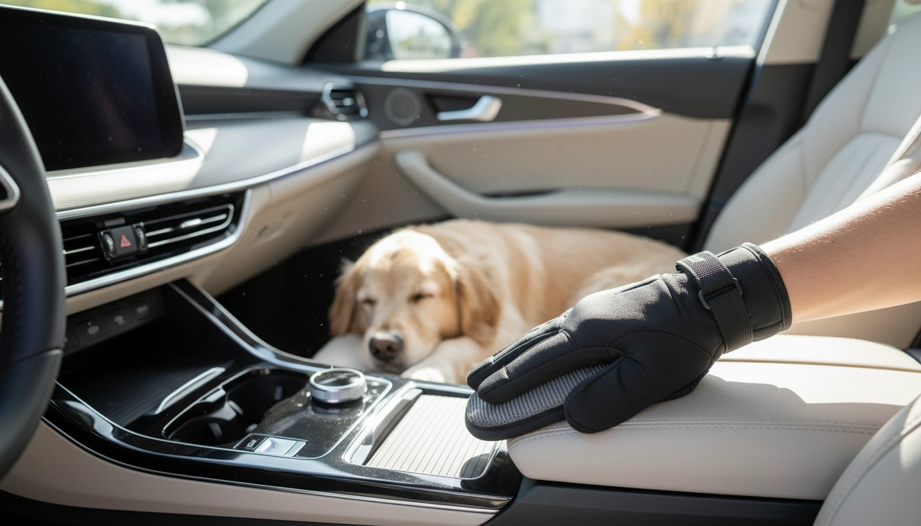 Electrostatic Pet Hair Removal Glove | “Swooper” arranged inside a clean car interior