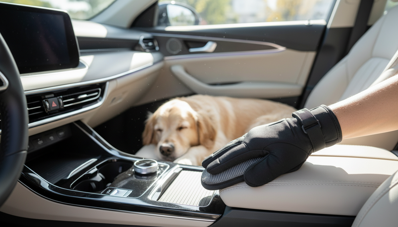 Electrostatic Pet Hair Removal Glove | “Swooper” arranged inside a clean car interior