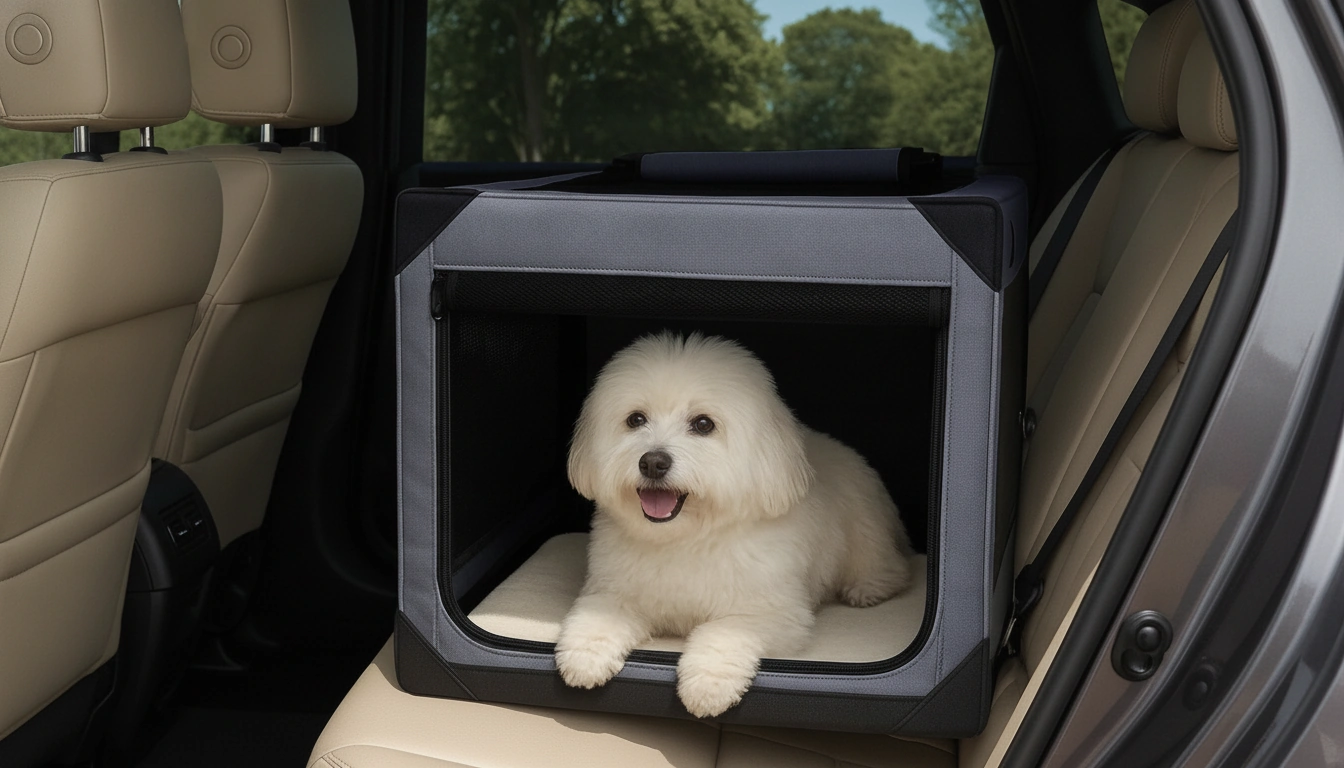 Travel Dog Crate arranged inside a clean car interior