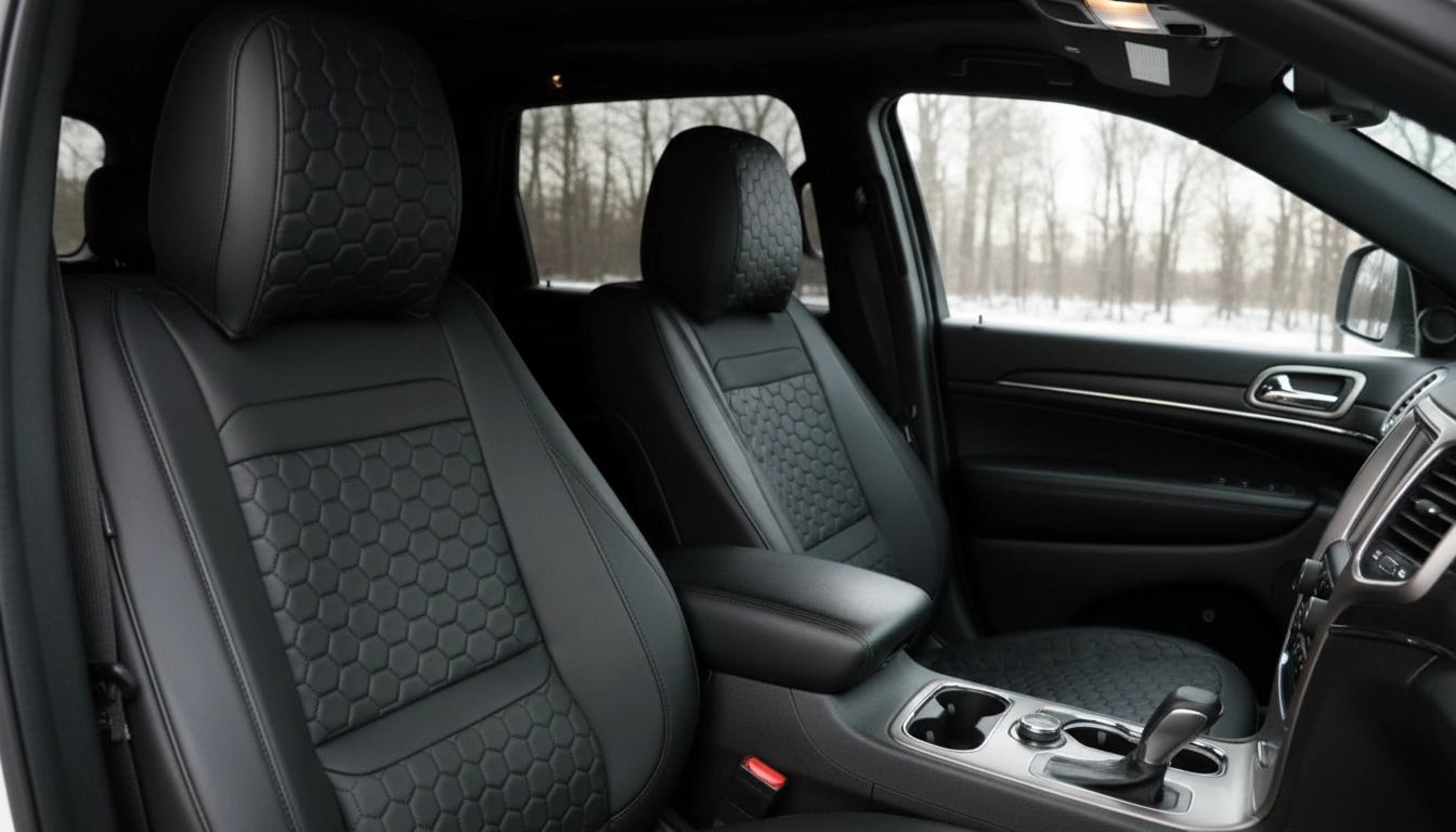 Jeep Grand Cherokee Seat Covers – Front Seat Custom Fit, Premium Eco-Leather (Bl arranged inside a clean car interior