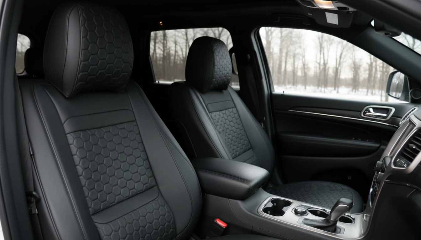 Jeep Grand Cherokee Seat Covers – Front Seat Custom Fit, Premium Eco-Leather (Bl arranged inside a clean car interior