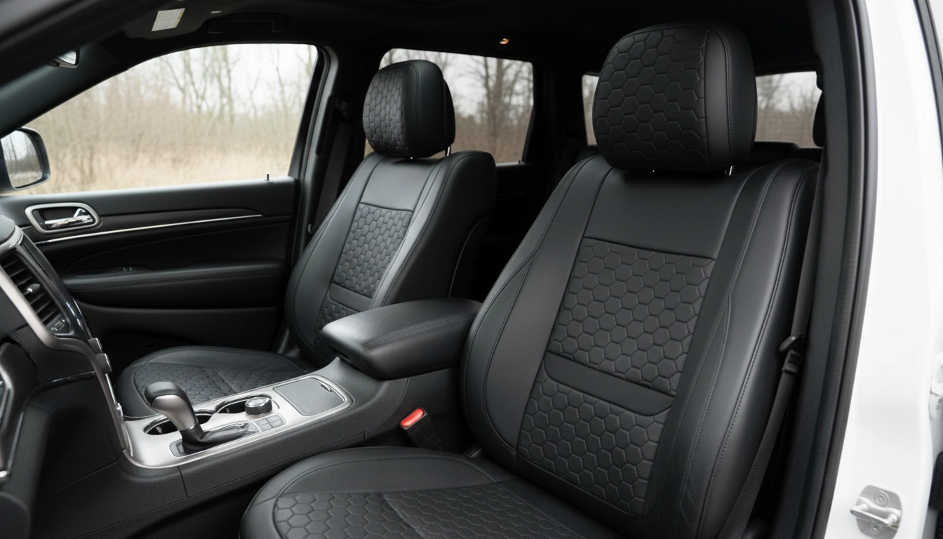 Jeep Grand Cherokee Seat Covers – Front Seat Custom Fit, Premium Eco-Leather (Bl arranged inside a clean car interior