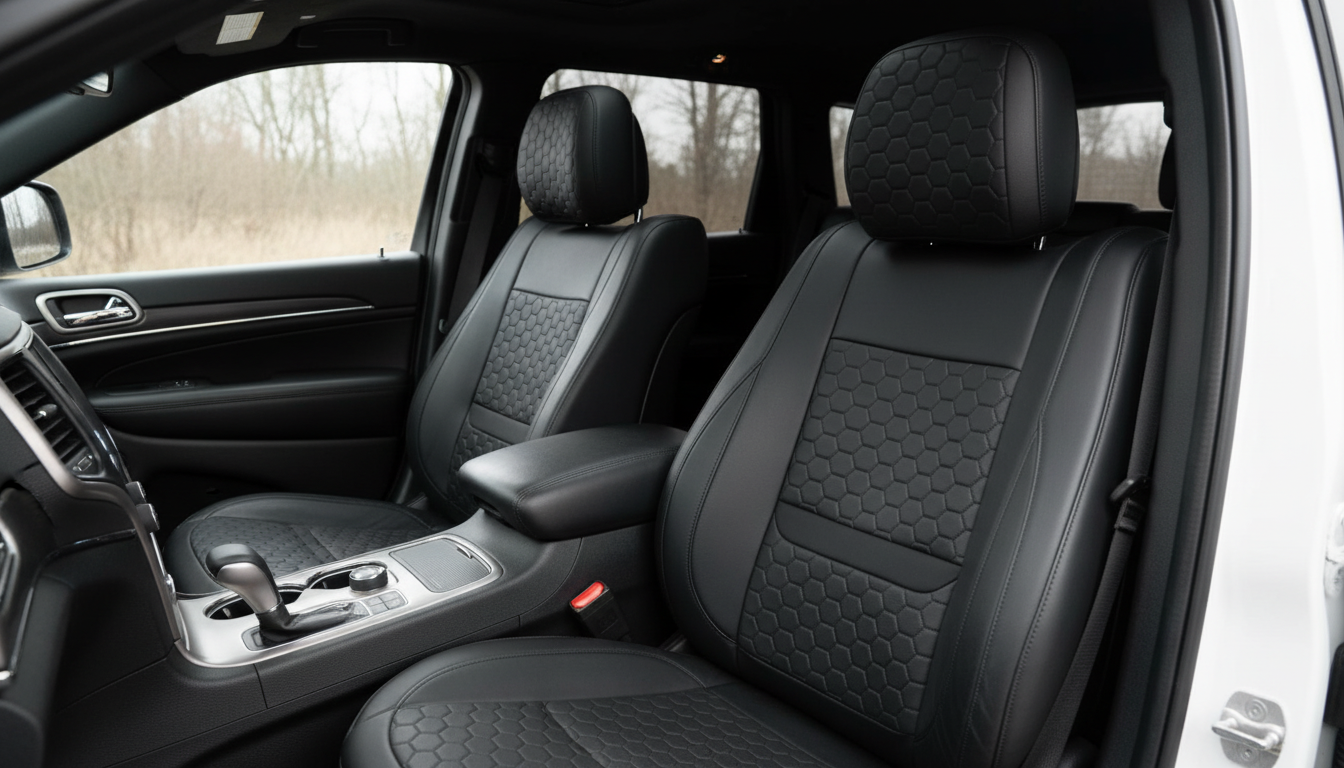 Jeep Grand Cherokee Seat Covers – Front Seat Custom Fit, Premium Eco-Leather (Bl arranged inside a clean car interior