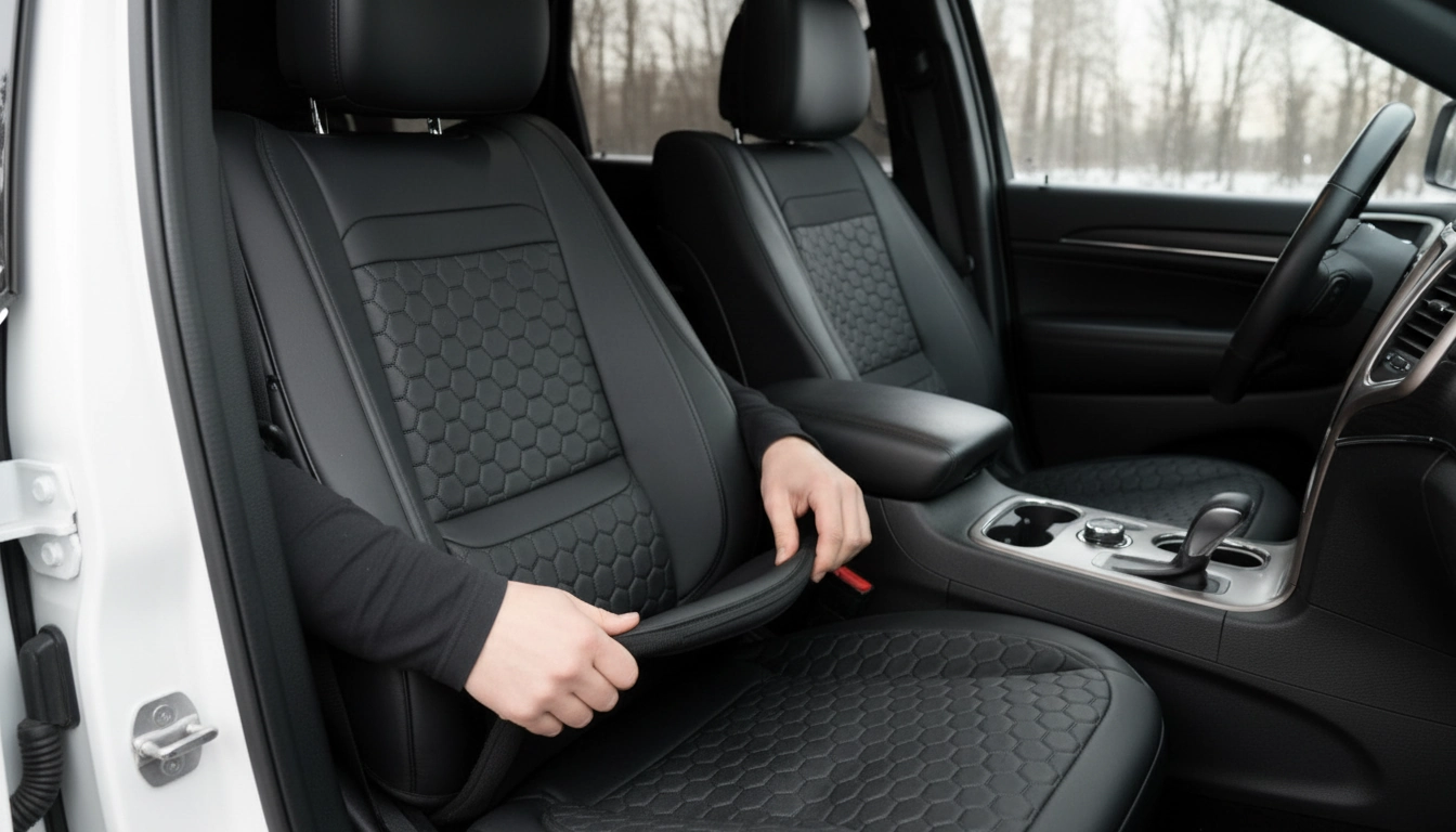 Jeep Grand Cherokee Seat Covers – Front Seat Custom Fit, Premium Eco-Leather (Bl setup detail inside a tidy vehicle