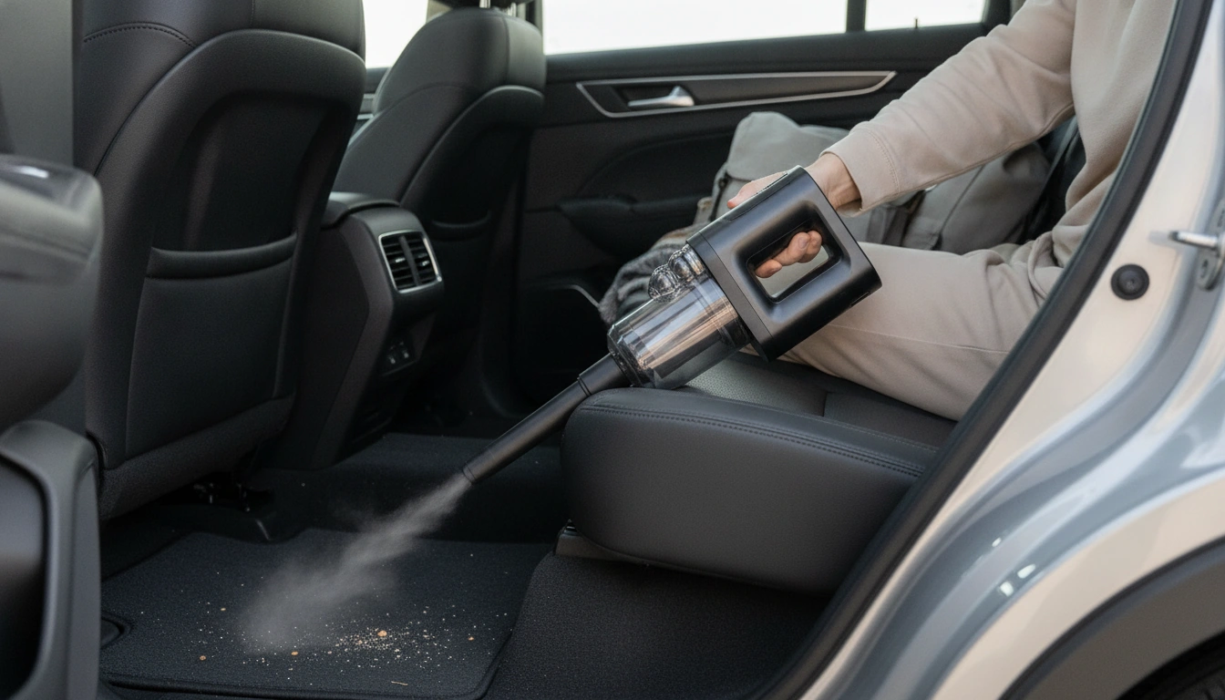 Portable Car Vacuum Cleaner with Blower arranged inside a clean car interior