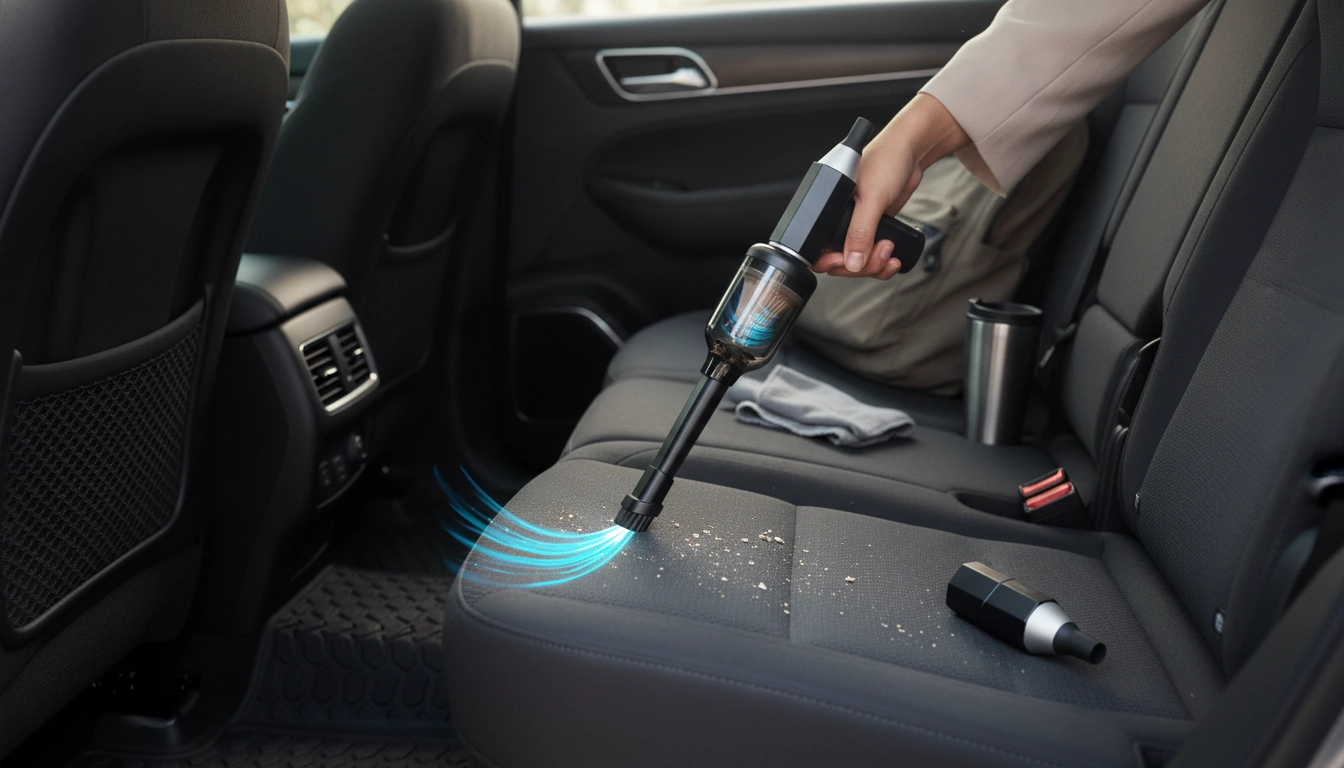 Portable Car Vacuum Cleaner with Blower setup detail inside a tidy vehicle
