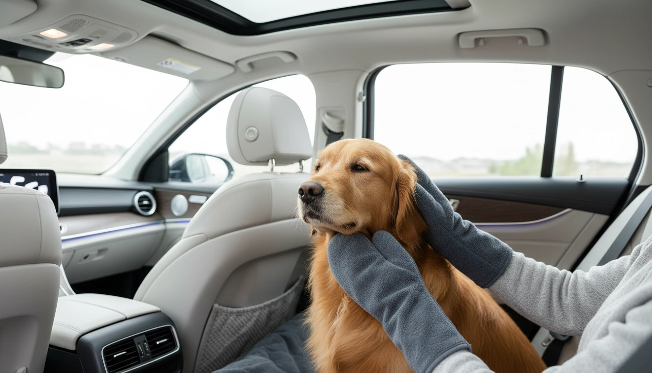 Premium Microfiber Dog Drying Mitts | “Nuzzle” arranged inside a clean car interior