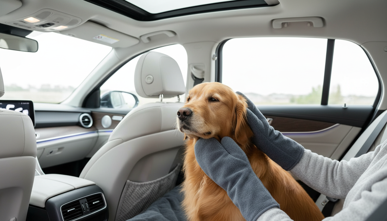 Premium Microfiber Dog Drying Mitts | “Nuzzle” arranged inside a clean car interior