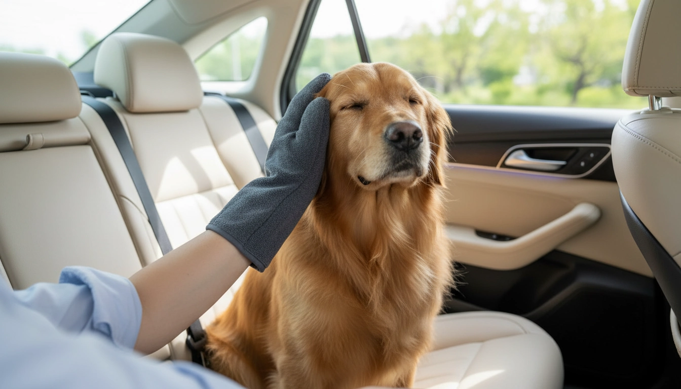 Premium Microfiber Dog Drying Mitts | “Nuzzle” arranged inside a clean car interior