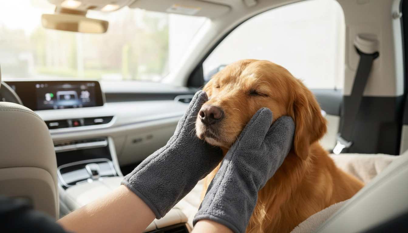 Premium Microfiber Dog Drying Mitts | “Nuzzle” arranged inside a clean car interior