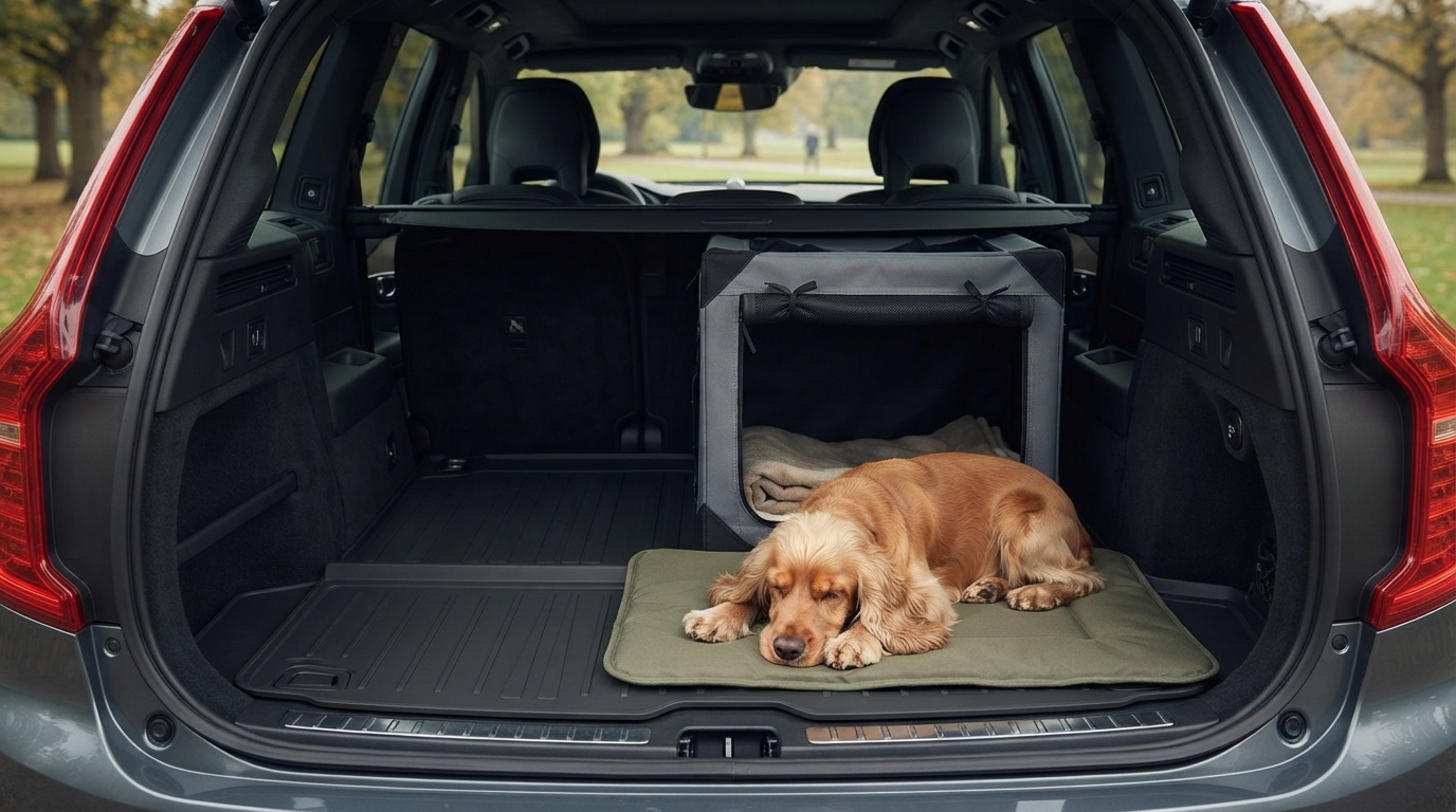 Generated editorial lifestyle scene with a foldable travel dog crate in an SUV cargo area