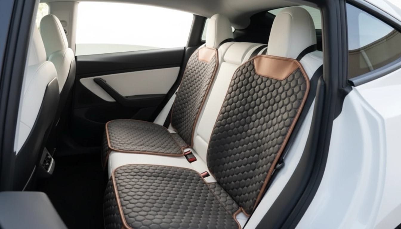 Tesla Model Y Child Seat Protector | “Hexy” arranged inside a clean car interior