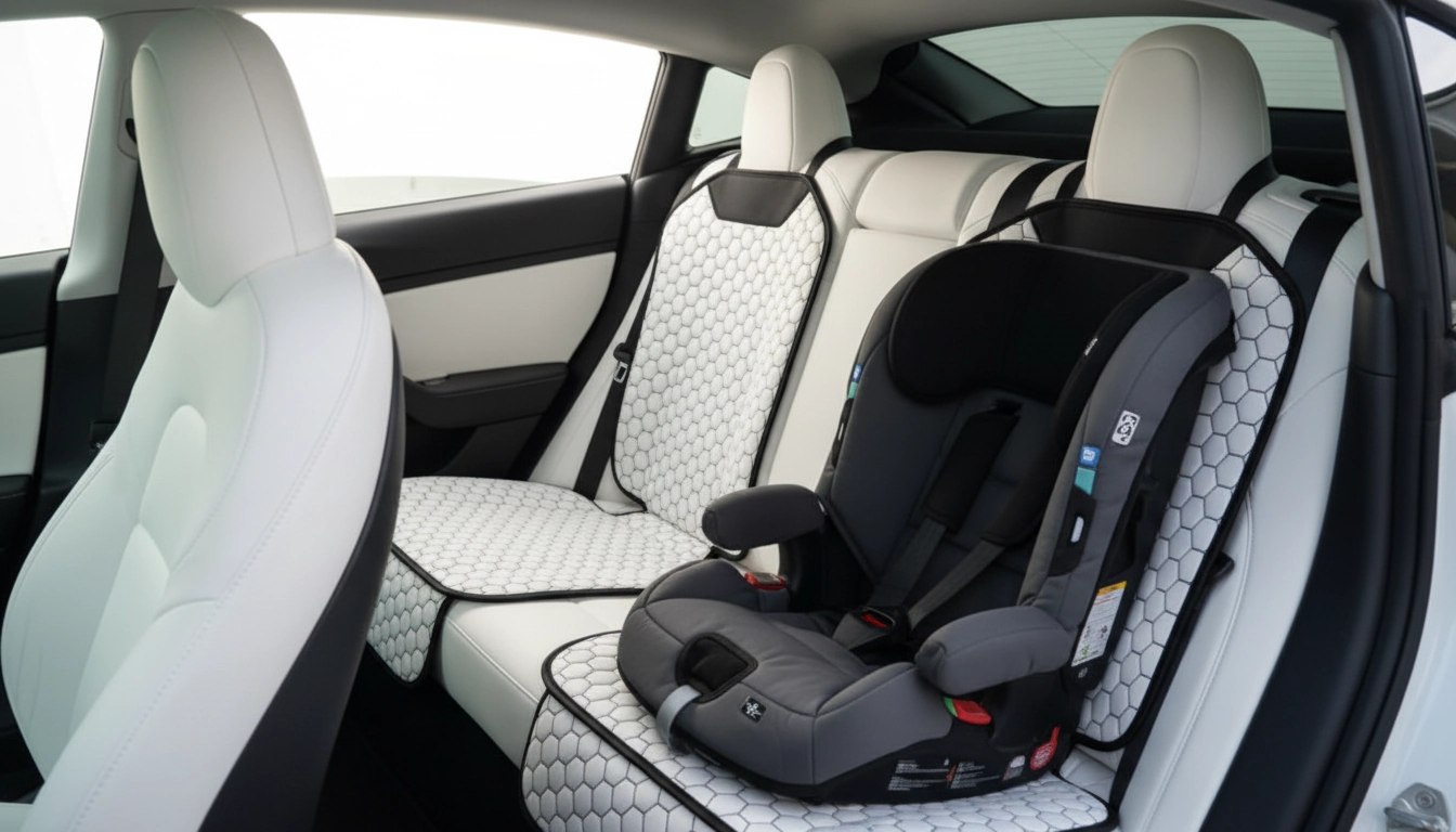 Tesla White Seat Protector | White “Hexy” arranged inside a clean car interior