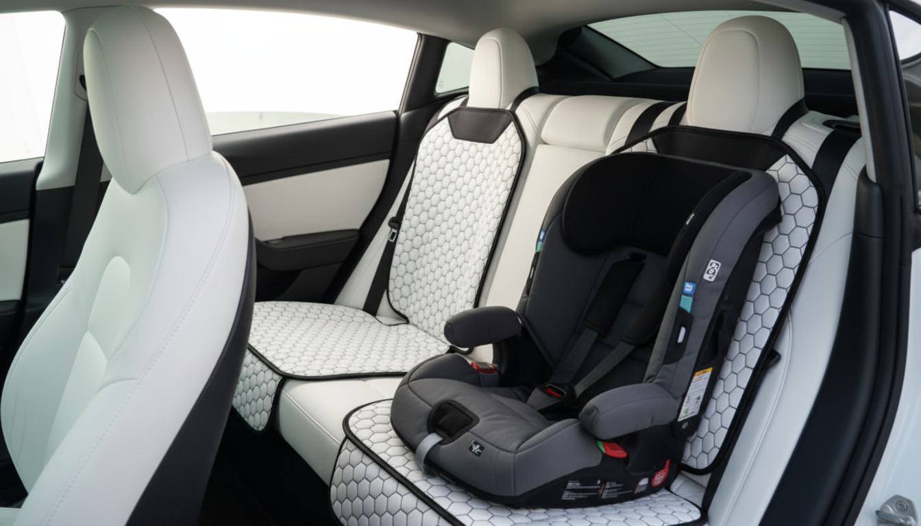 Tesla White Seat Protector | White “Hexy” arranged inside a clean car interior