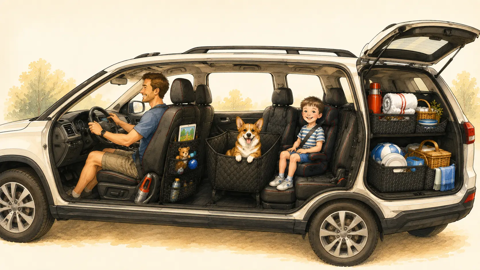 Hand-drawn cutaway of a family SUV: dog on a hammock and kid on a booster in back, vacuum and organizers in the cabin, packed trunk