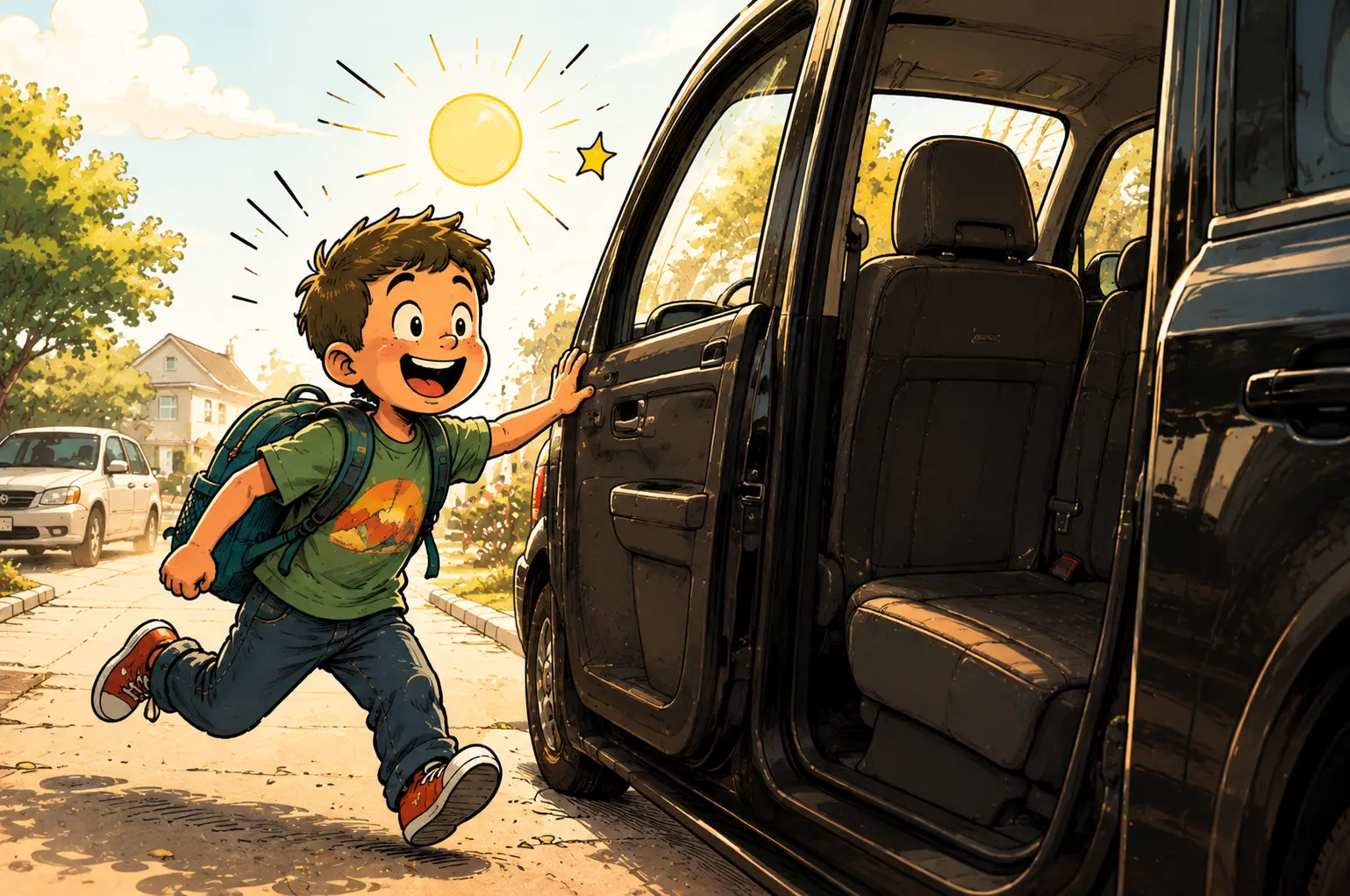 A child running to the car with a backpack before the school run