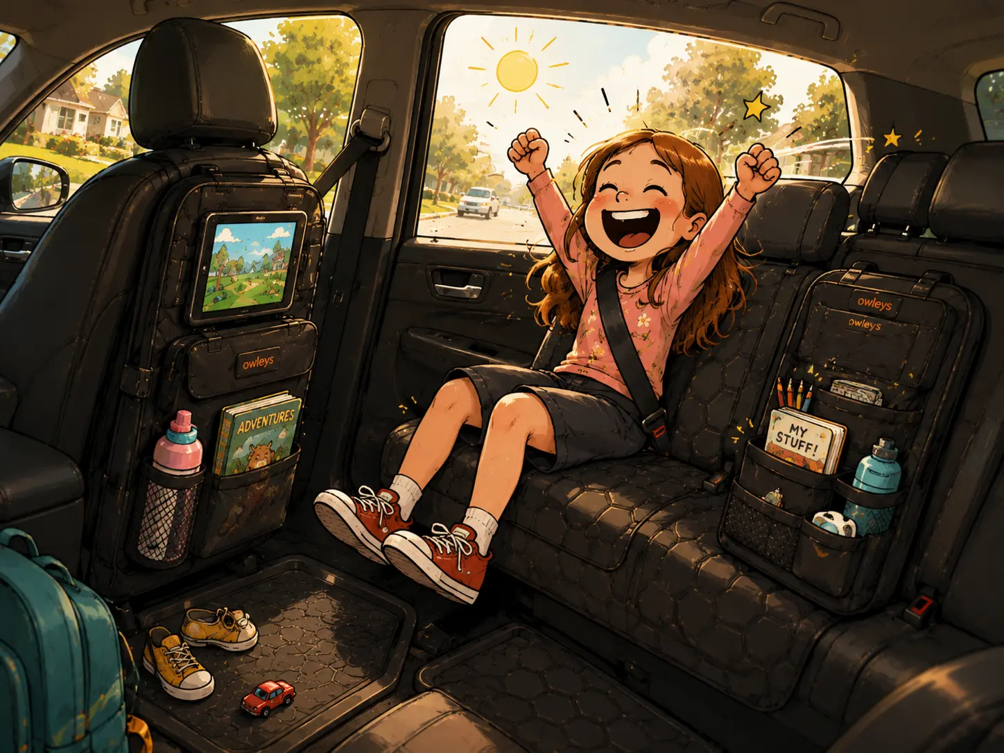 A child in the back seat with kick mats and organizers on both front seat backs