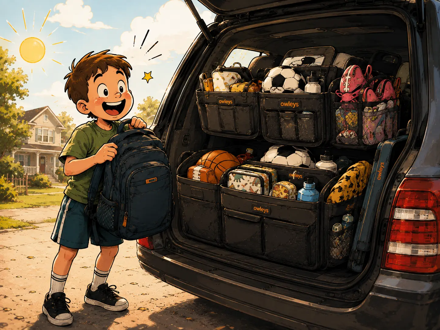 A child loading a backpack into a trunk organized with Owleys organizers