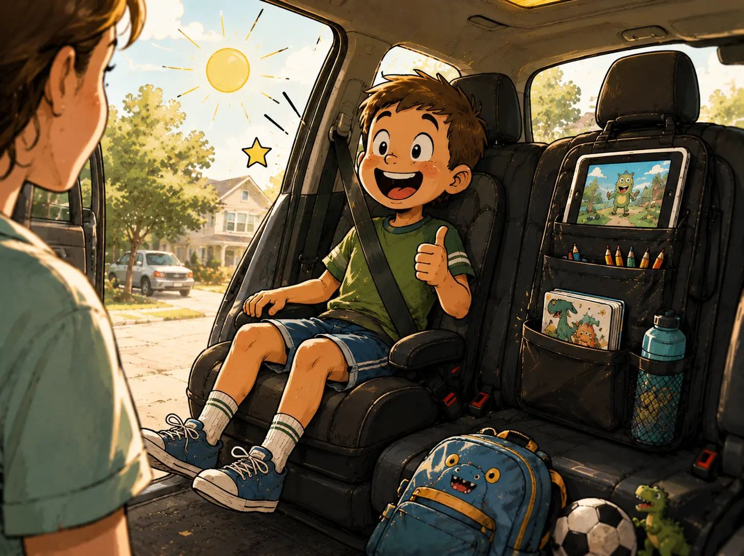 A child in a booster seat giving a thumbs up on the way to school