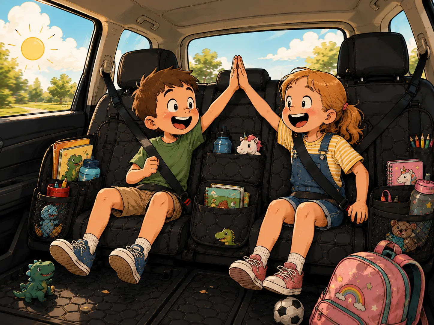 Two children high-fiving in the back seat with organizers on both sides