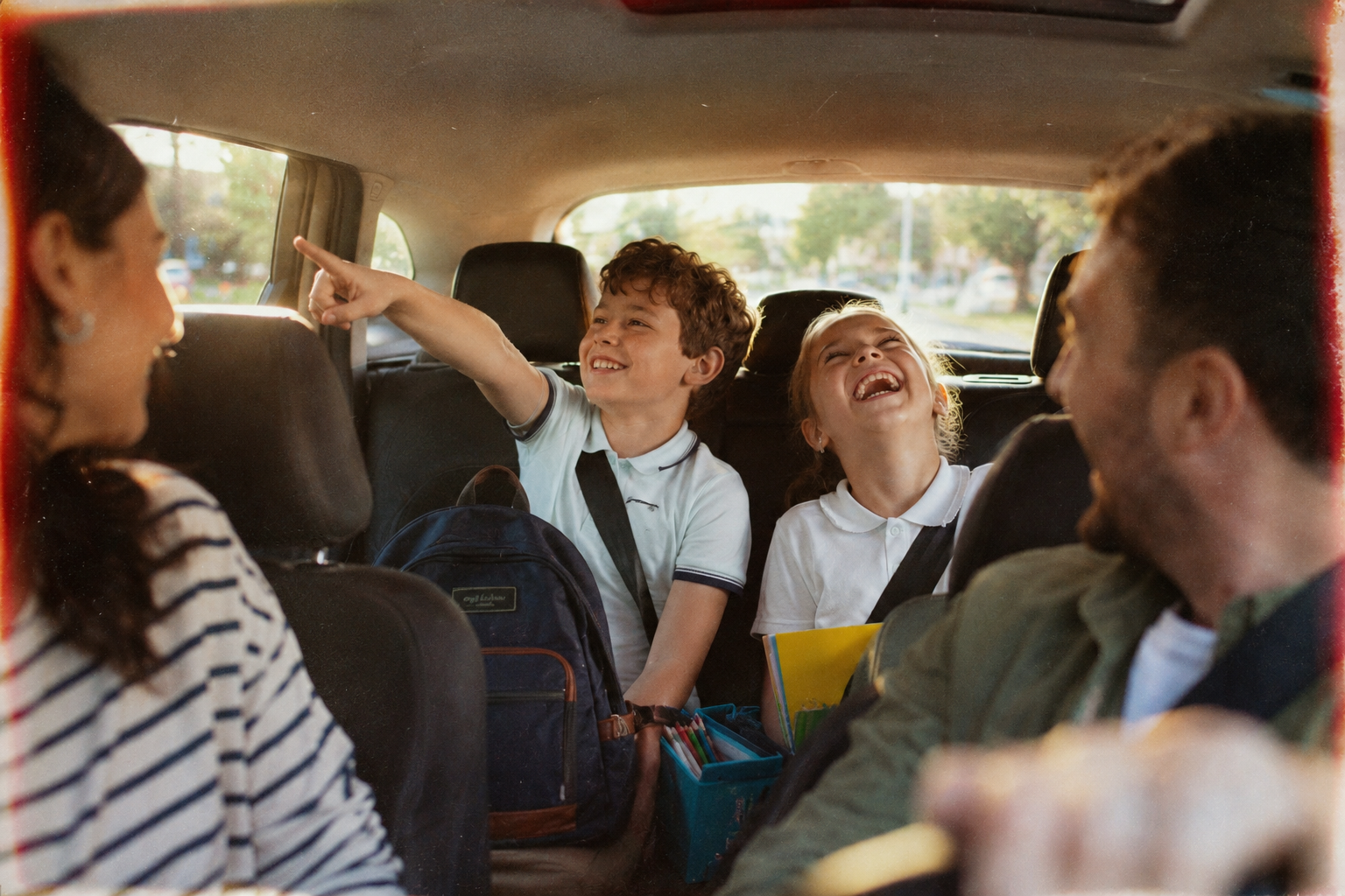 Two children in school uniforms laughing in the back seat with a backpack and pencil case on the school run