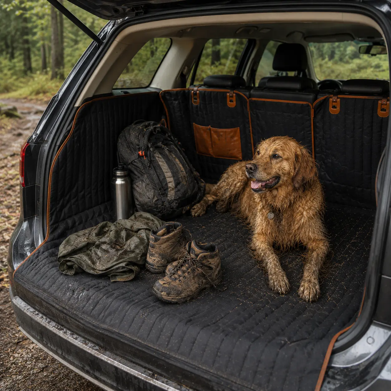 Muddy boots, a backpack and a wet dog sharing a MudLock lined boot in the forest