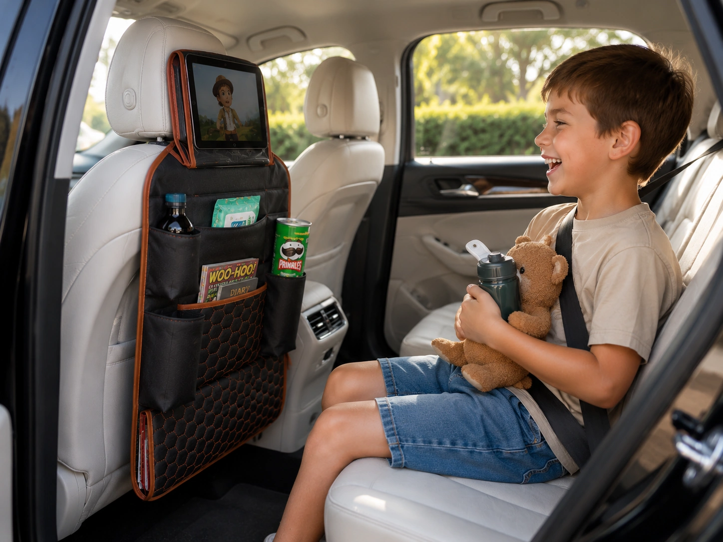 Boy buckled in the back seat watching a tablet in the Hexy organizer, with drinks and snacks in its pockets