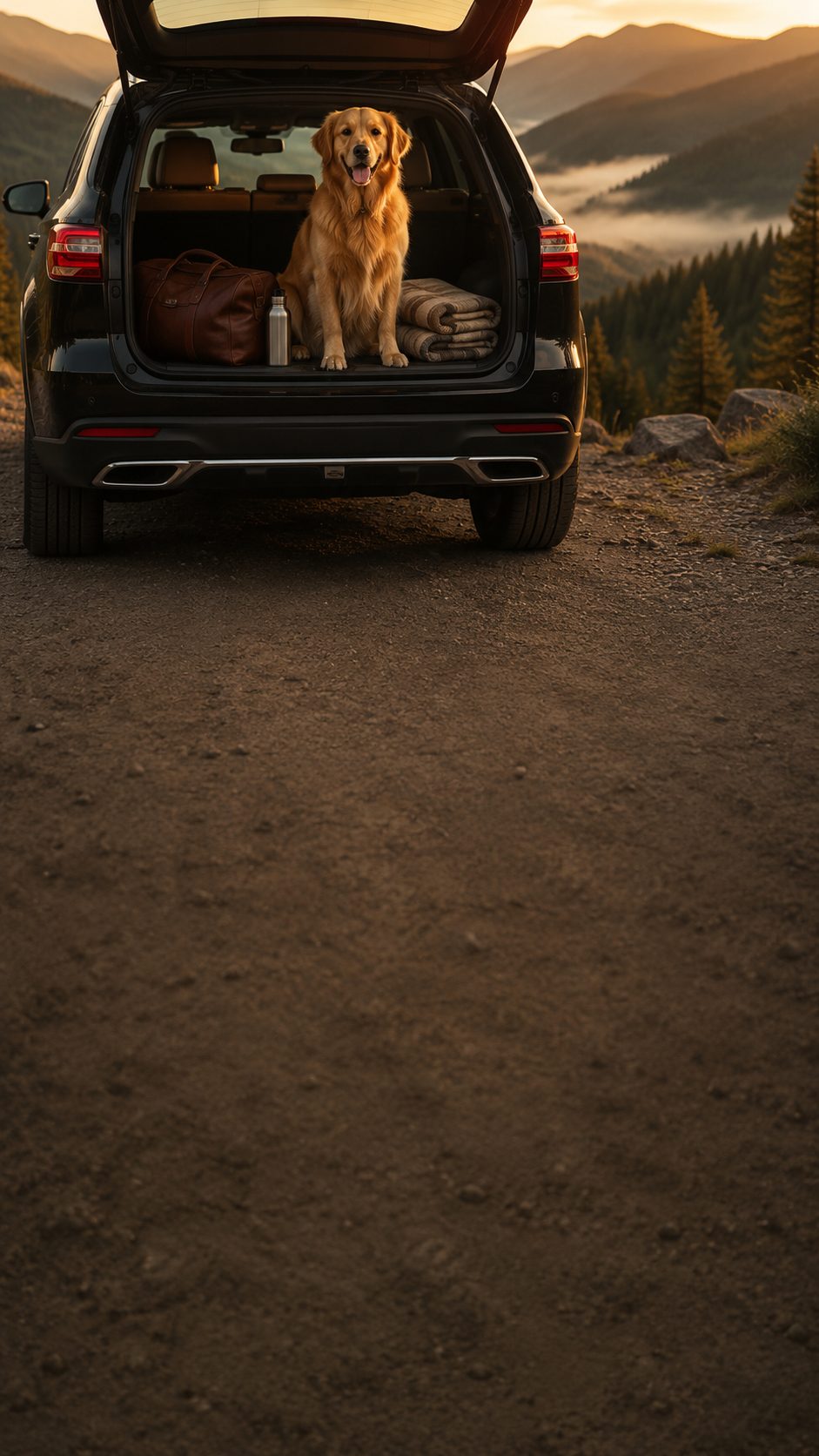 A golden retriever sitting in the open trunk of an SUV packed for a road trip, mountains behind
