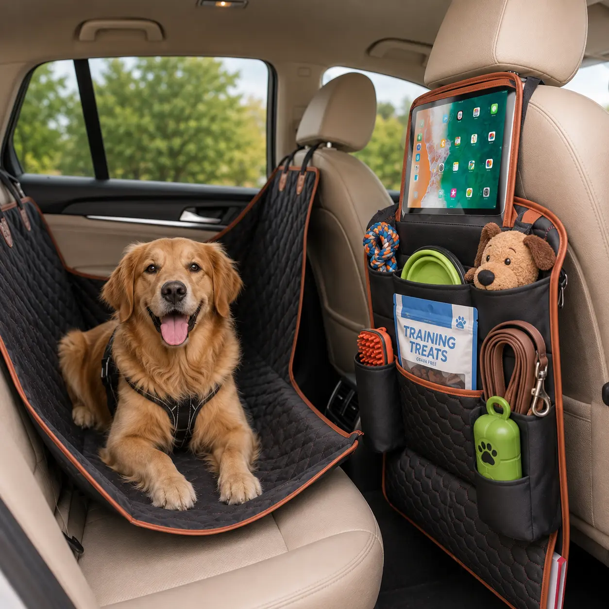 Golden retriever beside the Hexy organizer