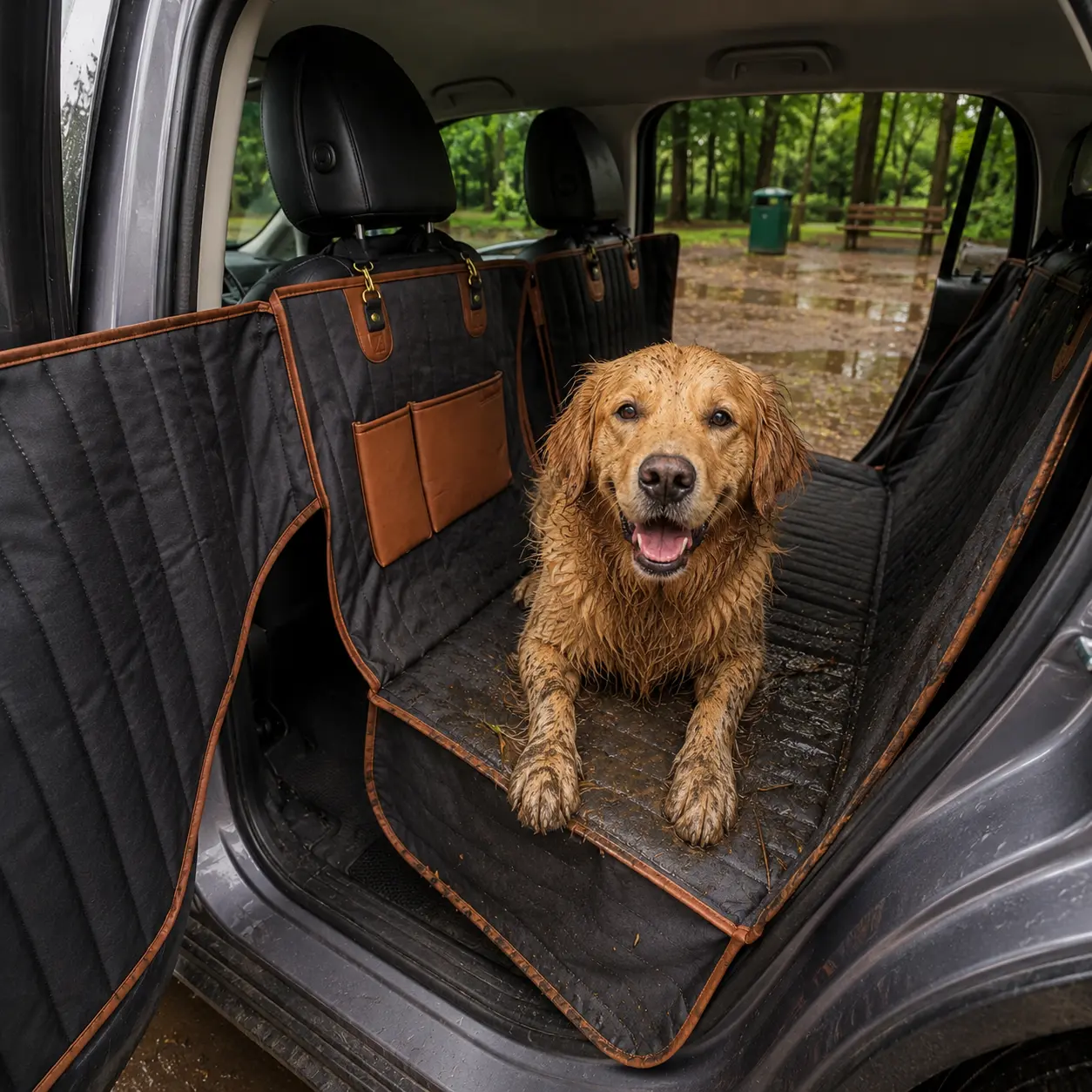 Wet golden retriever lying on a Travel Buddy Mk. III seat cover after a rainy walk