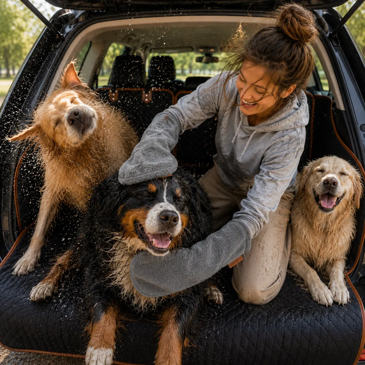 Owner drying three wet dogs with Nuzzle mitts in the boot of an SUV