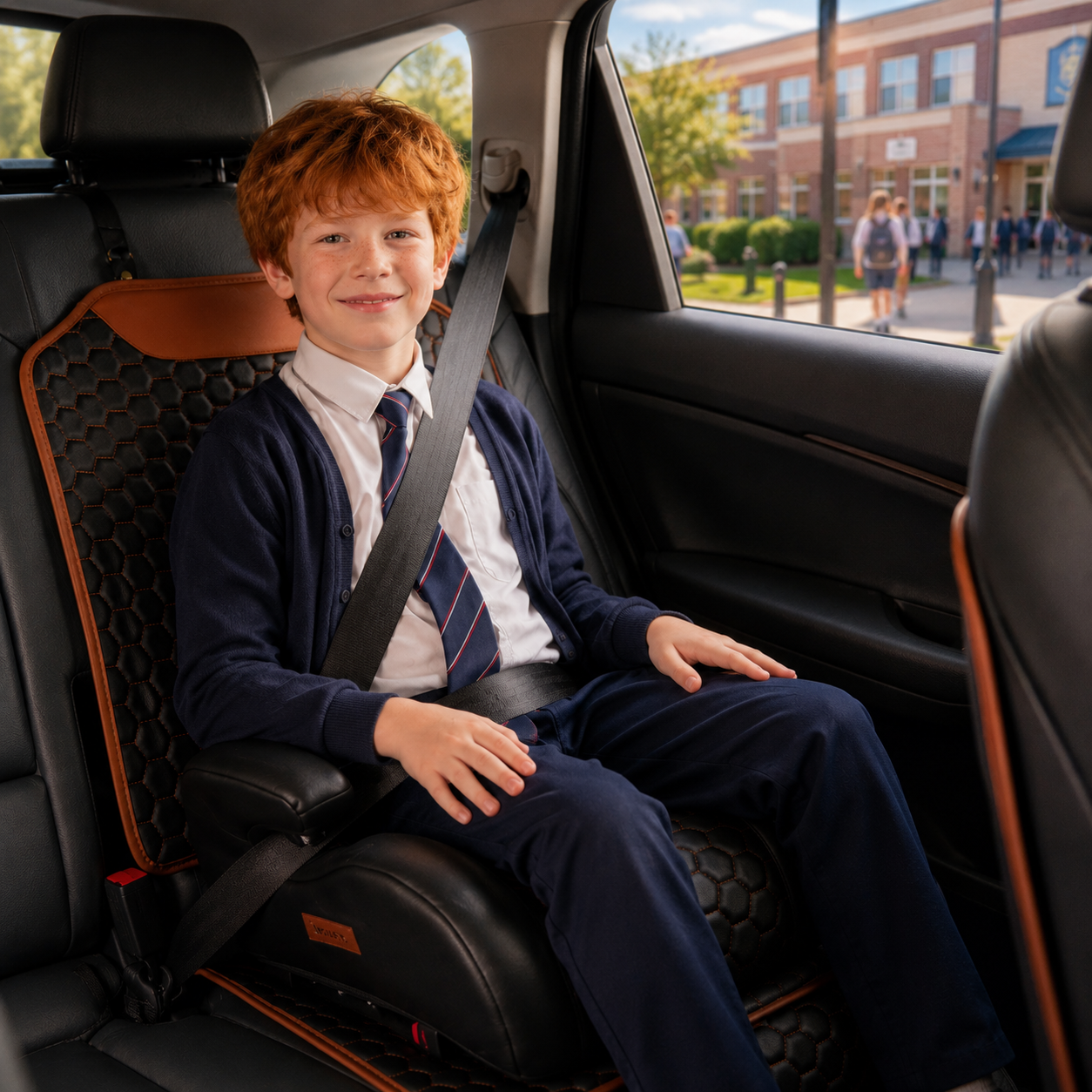 Child buckled into the Snug Bug booster with the seat belt positioned correctly